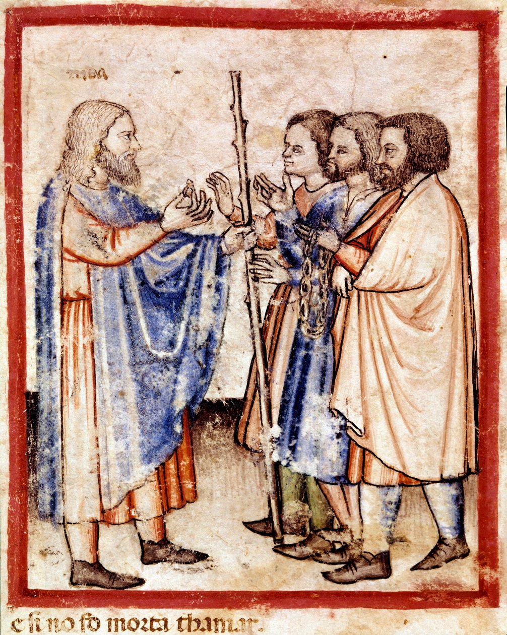 Tamar wręcza Judzie pieczęć, sznur i kij, które pozostawił jako zabezpieczenie, miniatura z kodeksu 212 (lub kodeksu padovano lub Biblii z Padwy) 1390-1400 (welum) autorstwa Unknown artist