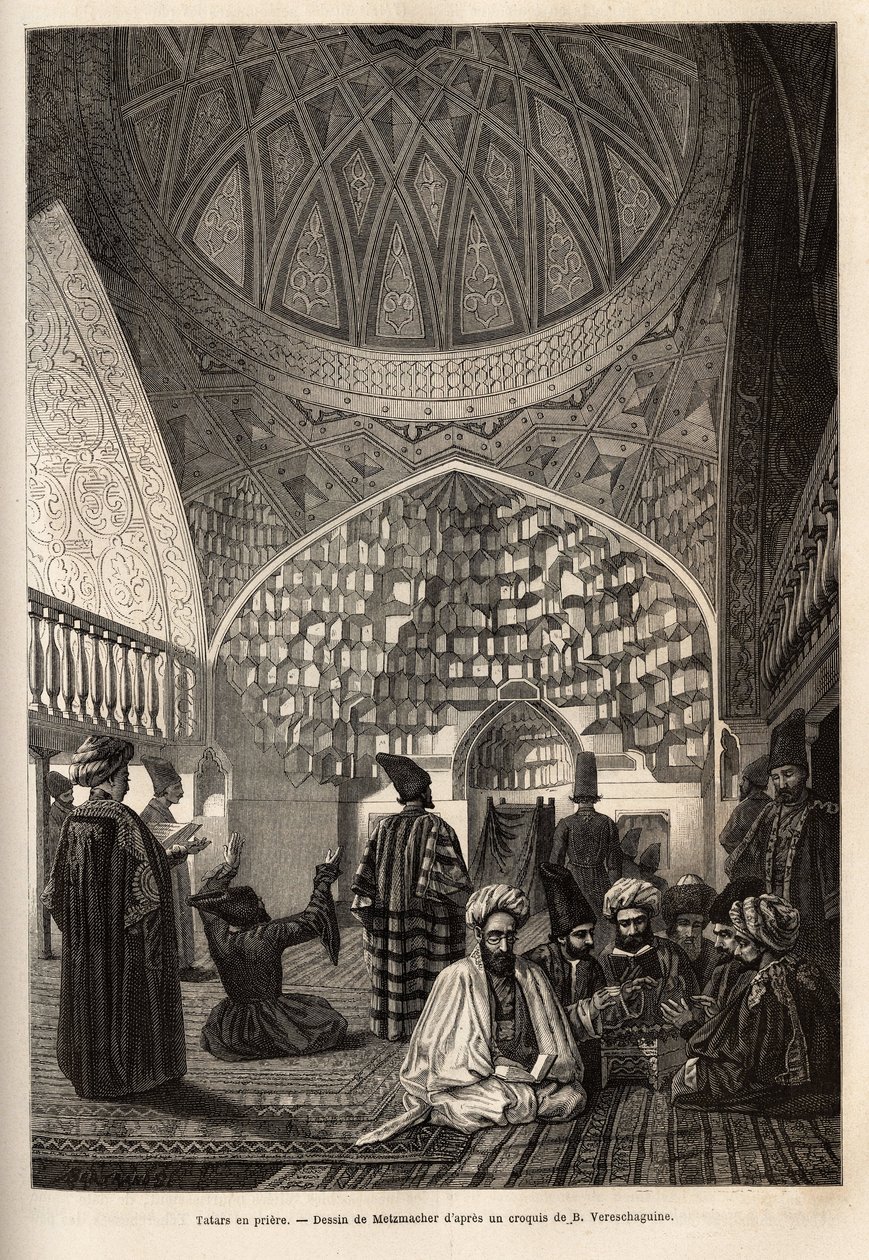 Tatarzy na modlitwie, w meczecie Schusha (Zakaukazie, Rosja). Rycina ilustrująca podróż po prowincjach Kaukazu, Basile Vereschaguine, w latach 1864-1865, opublikowana w „”le tour du monde””, pod kierunkiem D