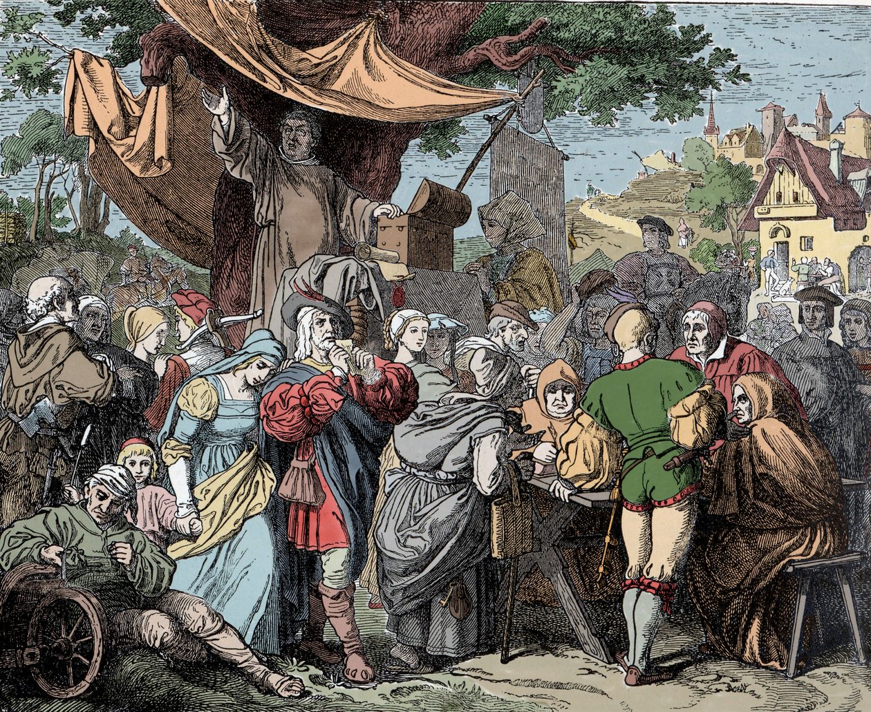 Tetzel sprzedaje odpusty - Johann Tetzel (1465-1519), niemiecki ksiądz dominikanin, sprzedaje odpusty na budowę bazyliki św. Piotra w Rzymie, ok. 1515 autorstwa Unknown artist