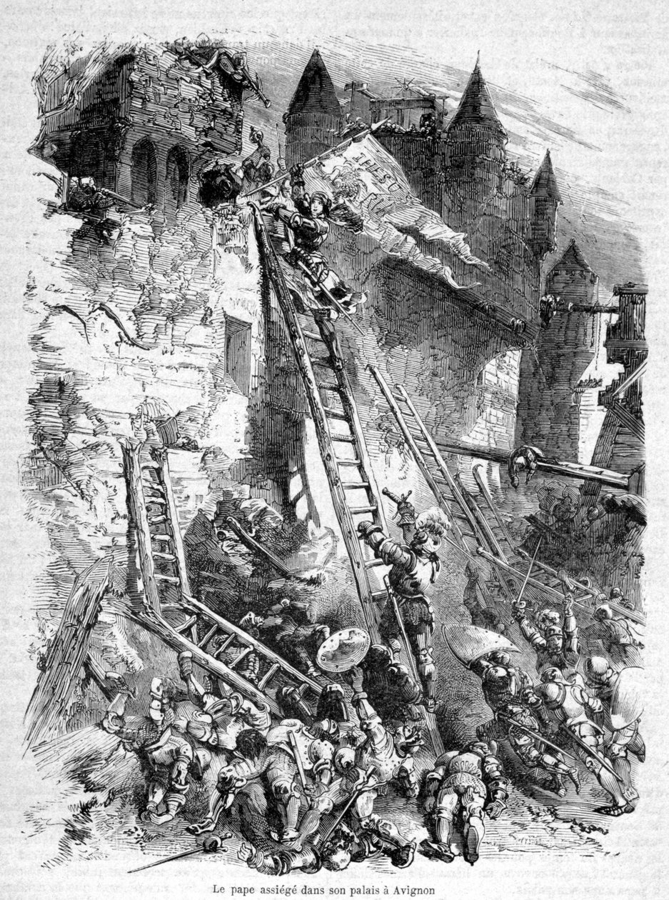 (Anty-)papież (Benedykt XIII) oblegany w swoim pałacu w Awinionie (przez trupę papieża Bonifacego IX) - w „Historii papieży, królów, królowych, cesarzy, na przestrzeni wieków” Maurice Lachatre autorstwa Unknown artist