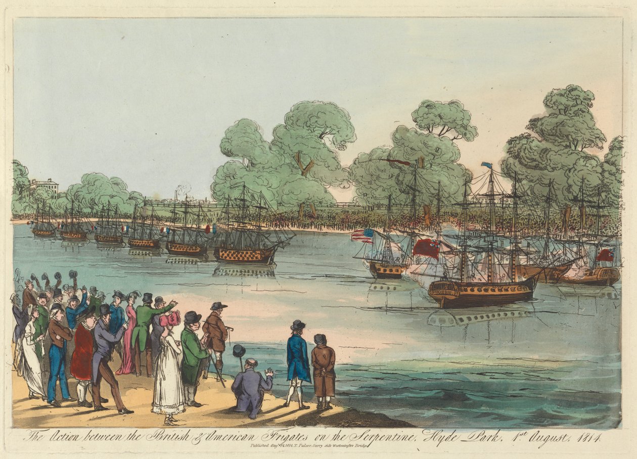 Akcja między brytyjską i amerykańską fregatą na Serpentynie, Hyde Park, 1 sierpnia 1814 r. autorstwa Unknown artist