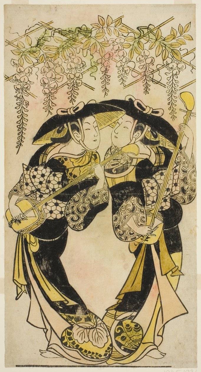 Aktorzy Sanjo Kantaro (po prawej) i Fujimura Handayu (po lewej) jako muzycy grający pod glicynią autorstwa Unknown artist