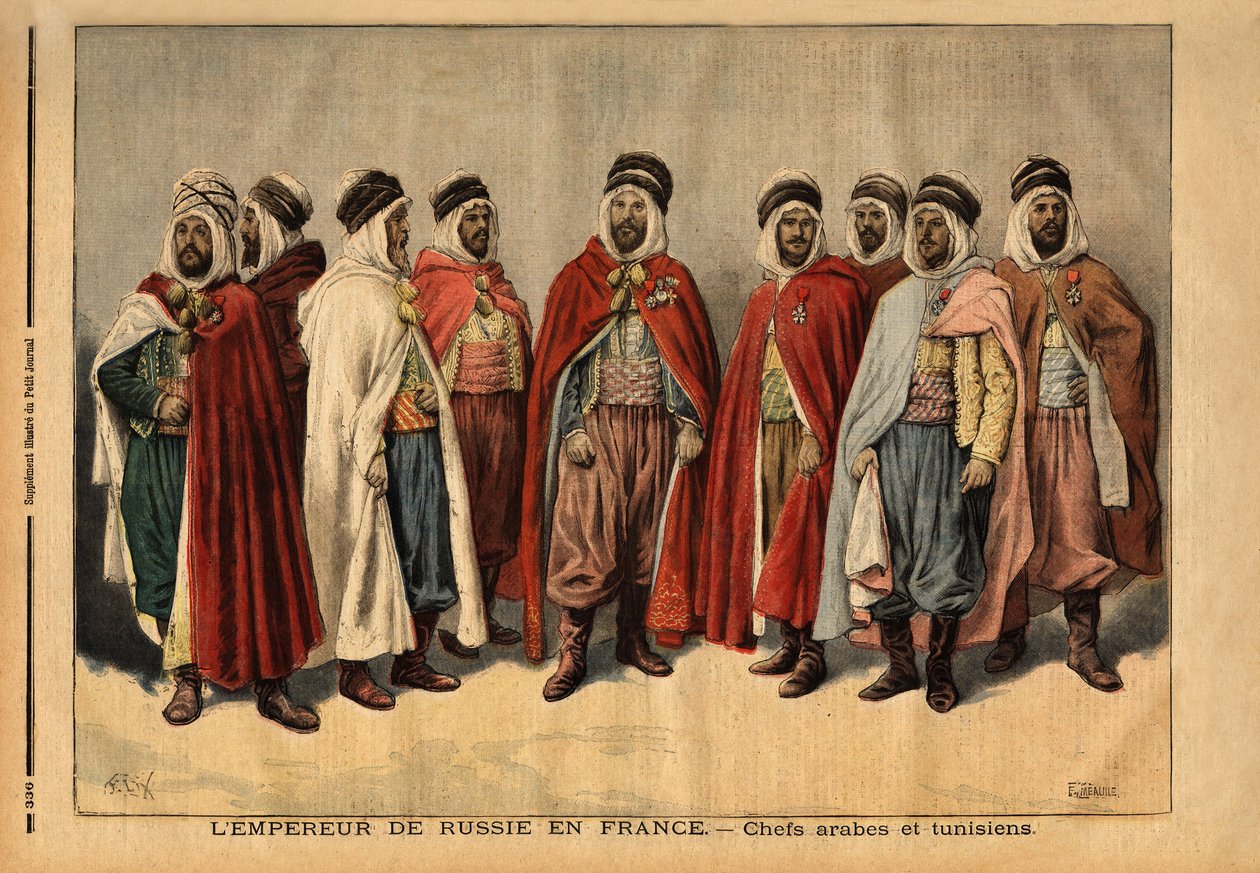 Odwiedzający Francję wodzowie arabscy ​​i tunezyjscy, pełniący straż honorową cara Mikołaja II. (On jest Hamzą, głową szejków Uleds sidi; On jest Mohammedem ben Ghaną, władcą Zibanów; On jest Ferhat Mouly, władcą Beni Maaida; On jest Lakdanem, władcą Larba autorstwa Unknown artist