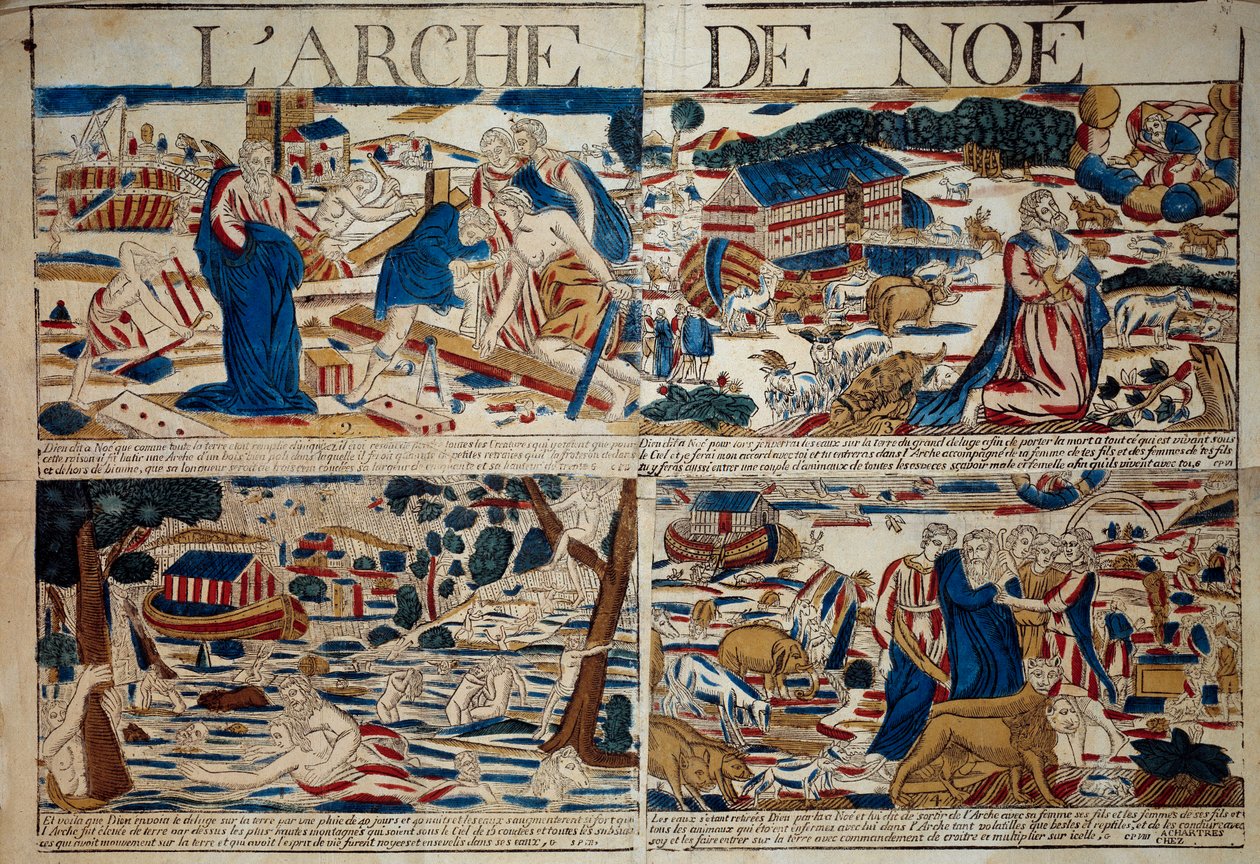 Arka Noego Budowa arki, Noe otrzymuje zapowiedź potopu, potopu, gatunku zwierząt ocalonych po potopie” Grawer XVIII-wiecznej kolekcji prywatnej autorstwa Unknown artist