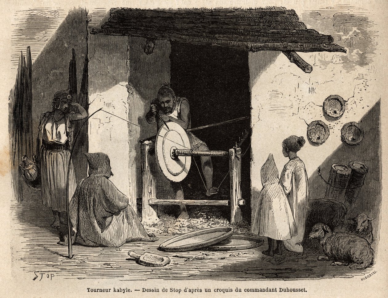 Rzemieślnik Turner Kabyle w swoim warsztacie tworzy ogromne drewniane mieszkanie, które jest wykorzystywane do wszelkich celów, zarówno domowych, jak i rolniczych, w Kabylii (Algieria). Grawer ilustrujący wycieczkę do wielkiego Kabilie, między Morzem Śródz autorstwa Unknown artist