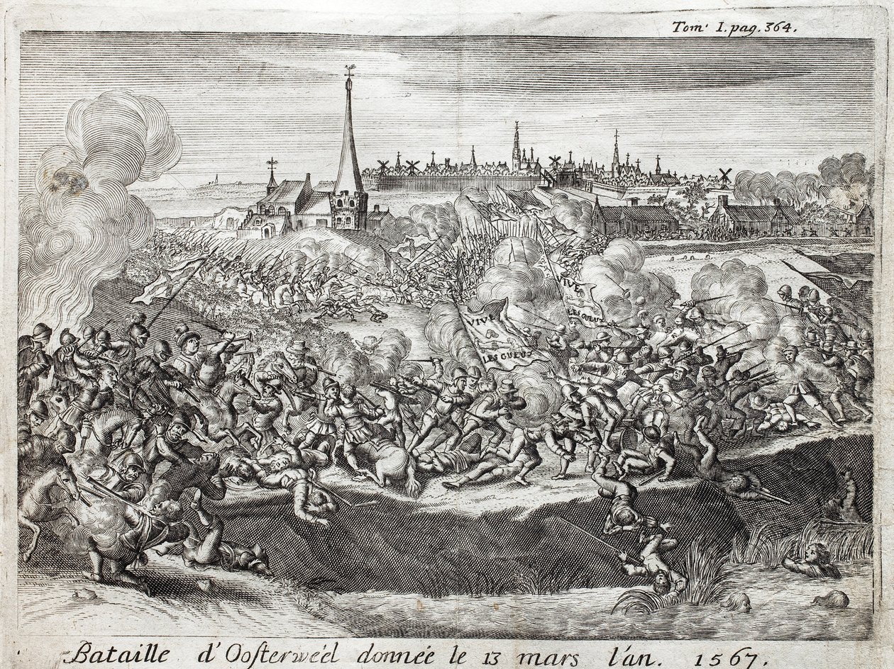 Bitwa pod Oosterweel (Holandia, Holandia), która odbyła się 13 marca 1567, pierwsza konfrontacja w wojnie osiemdziesięcioletniej (1567-1648). Grawerowanie ilustrujące „Historię wojny o Flandrię” Flamianusa Strady, wydanie Joseph T