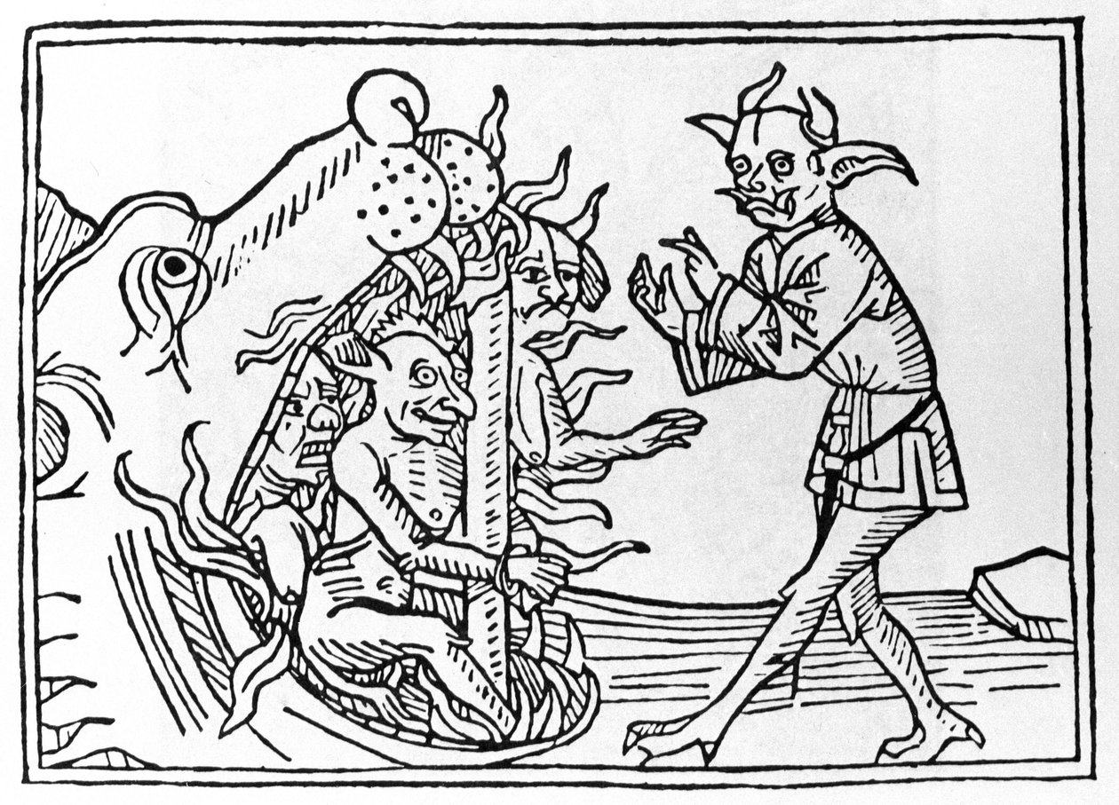 Proces Belialski: „Belialny demon powracający do wejścia do zaświatów”” Rycina z „Procesu Belialskiego” Jacobusa de Teramo (lub Palladino), Ausburg autorstwa Unknown artist