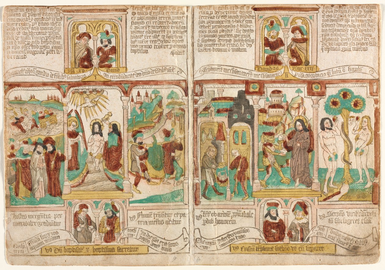 Biblia Ubogich (Biblia Pauperum), Armia Faraona utonęła w Morzu Czerwonym; Chrzest Chrystusa; i szpiedzy Mojżesza powracający z winogronami z Kanaanu Ezaw sprzedający Jakubowi swoje pierworodztwo; Kuszenie Chrystusa; i Kuszenie Adama i Ewy autorstwa Unknown artist