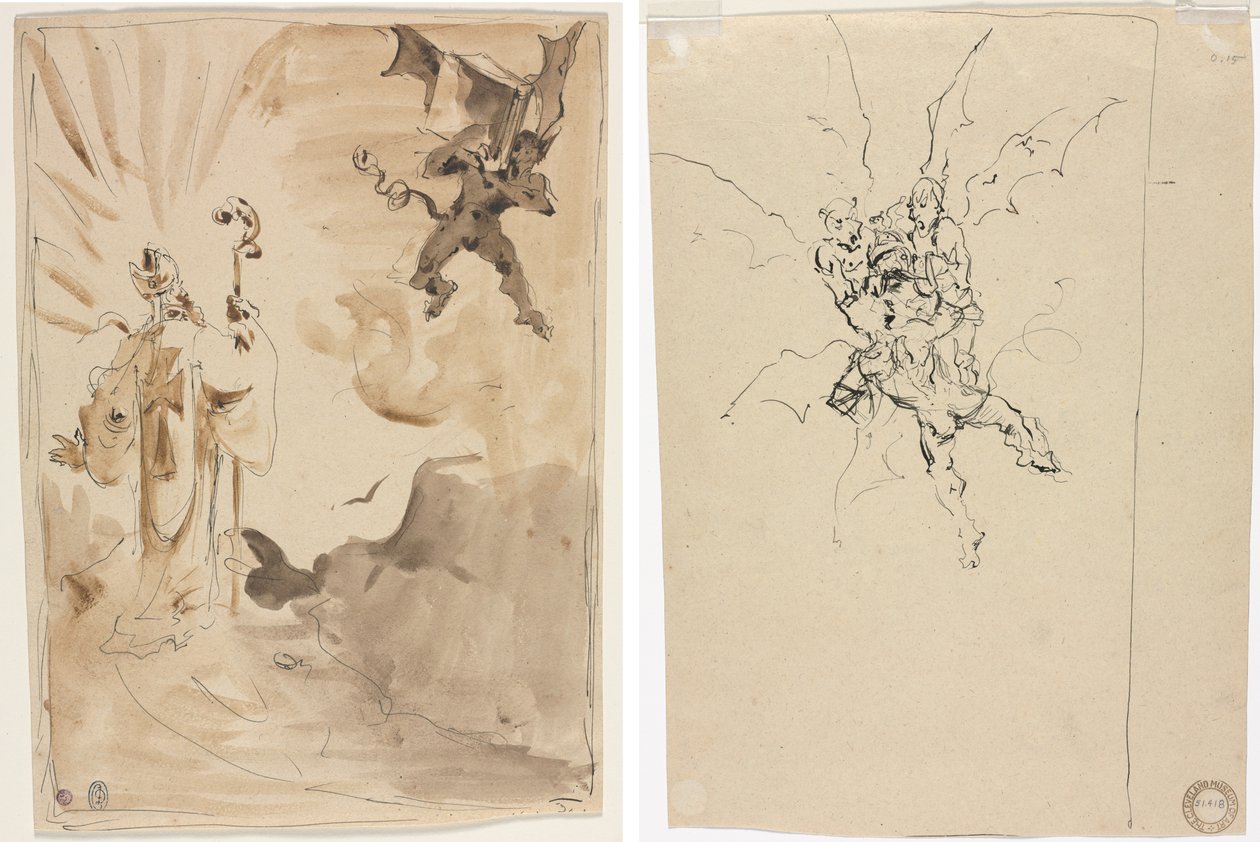 Biskup i Demon (recto); Trzy demony trzymające rycerza (verso) autorstwa Unknown artist