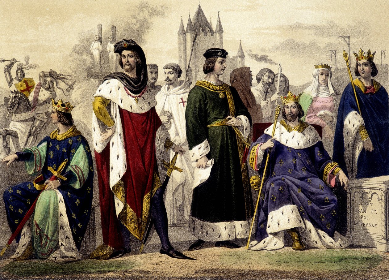 Kapetyjczycy od 1270 do 1322 r. Filip III Hardi, Filip IV Bel, Ludwik X Hutin, Filip V Długi, Karol IV Bel. Rycina XIX wieku. autorstwa Unknown artist