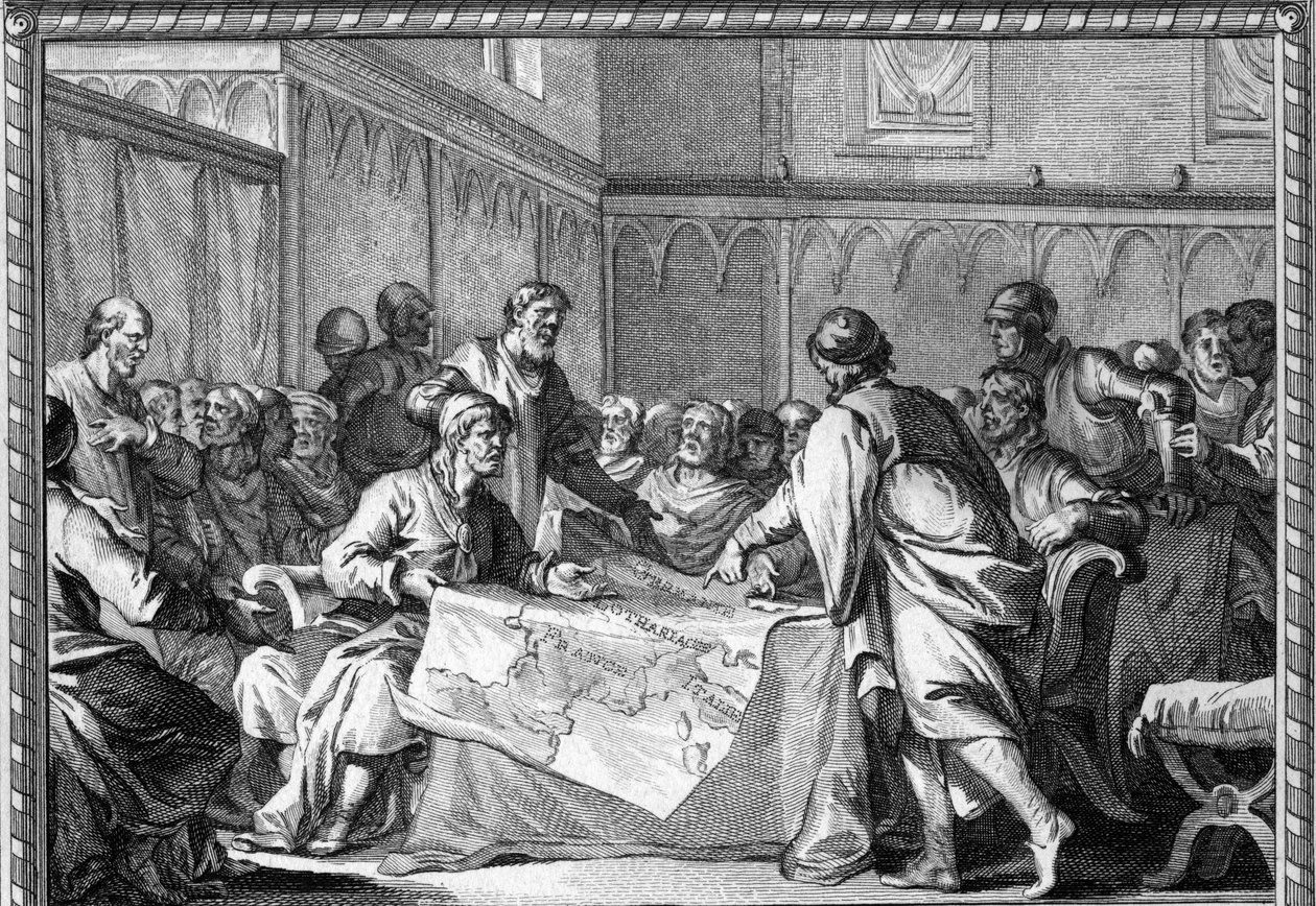 Imperium Karolingów zostało podzielone między trzech synów Ludwika Pobożnego: Lotara I, Ludwika Germańskiego i Karola Łysego, zgodnie z traktatem z Verdun (843). Rycina z XVIII wieku. autorstwa Unknown artist