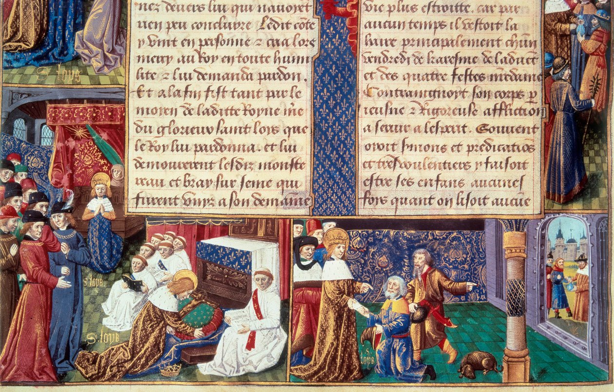Cnoty chrześcijańskie (takie jak pobożność i oddanie) króla Ludwika IX (1214-1270) (św. Ludwika): po lewej król obejmuje krucyfiks, po prawej Starą Górę. Miniatura z rękopisu „Księga faktów Monsignor Saint Louis” 15t autorstwa Unknown artist