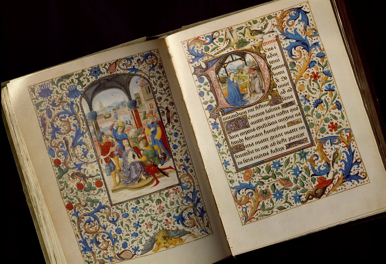Koronacja Grzbietów Podwójna strona otwartego rękopisu „Księgi godzin Marii Burgundzkiej (1457-1482)” (kod. 1857) koniec XV wieku Osterreichische Nationalbibliothek Vienna autorstwa Unknown artist