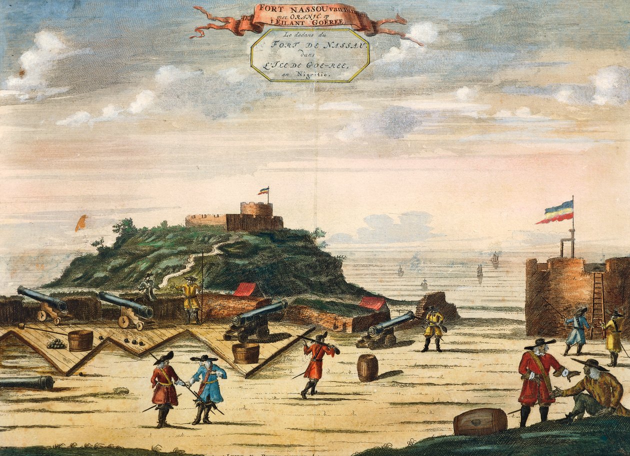 Grawerowanie holenderskiego fortu Nassau na wyspie Goree w Senegalu. Afryka autorstwa Unknown artist