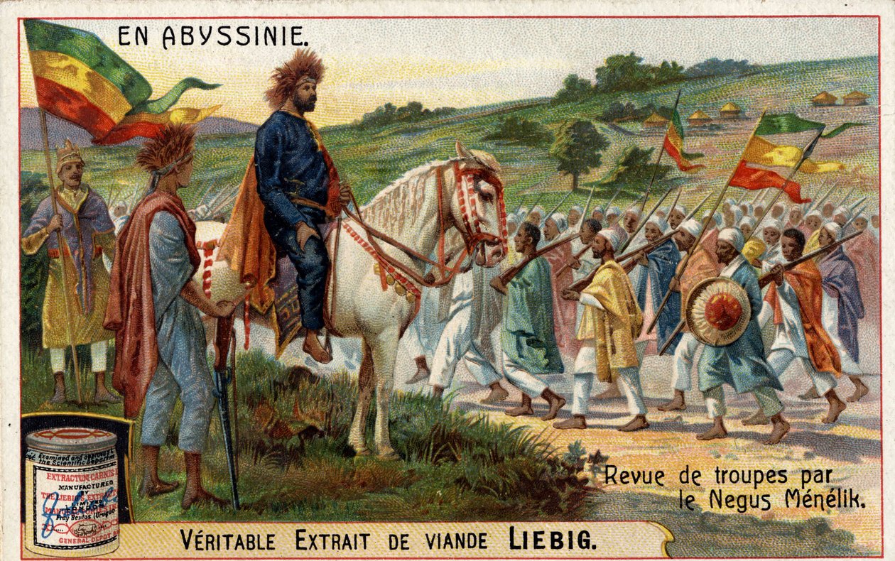 Cesarz Abisynii „Negus” Menelik II (1844-1913) dokonuje przeglądu swoich wojsk. Chromolitografia XIX wieku. autorstwa Unknown artist