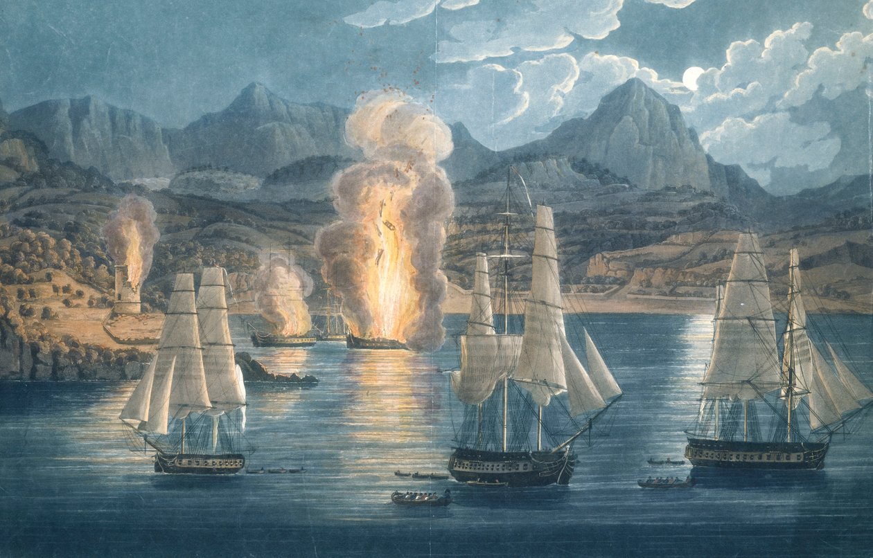 Anglicy niszczący francuskie okręty w zatoce Sagone na Korsyce 30 kwietnia 1811 r. (kolorowana akwatinta) autorstwa Unknown artist