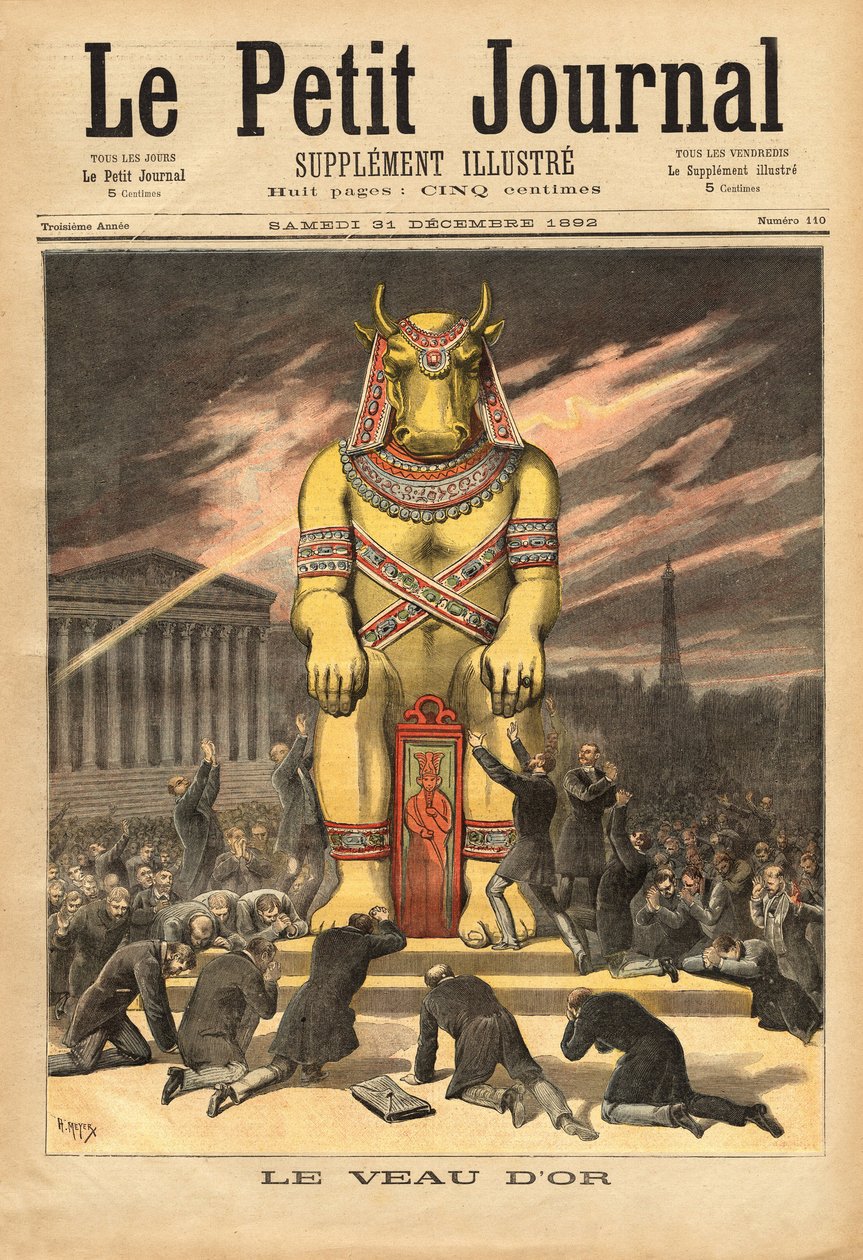 Francuscy posłowie, przed schodami Zgromadzenia Narodowego, klęcząc, by oddać cześć złotemu cielcowi, symbolu bałwochwalstwa i materializmu, ilustracja świadczy o oszustwie oszczędzających, którzy dowiedzieli się, że ich pieniądze zostały przeznaczone tylk autorstwa Unknown artist