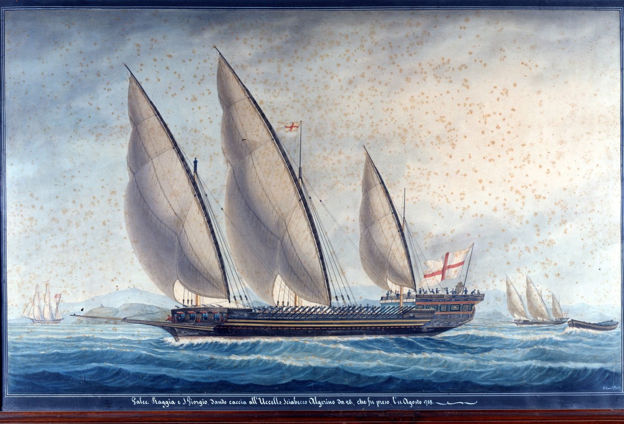 Genuejskie galery Raggia i San Giorgio ścigają algierskiego chebec Uccello. 11 sierpnia 1788. Farba autorstwa Unknown artist