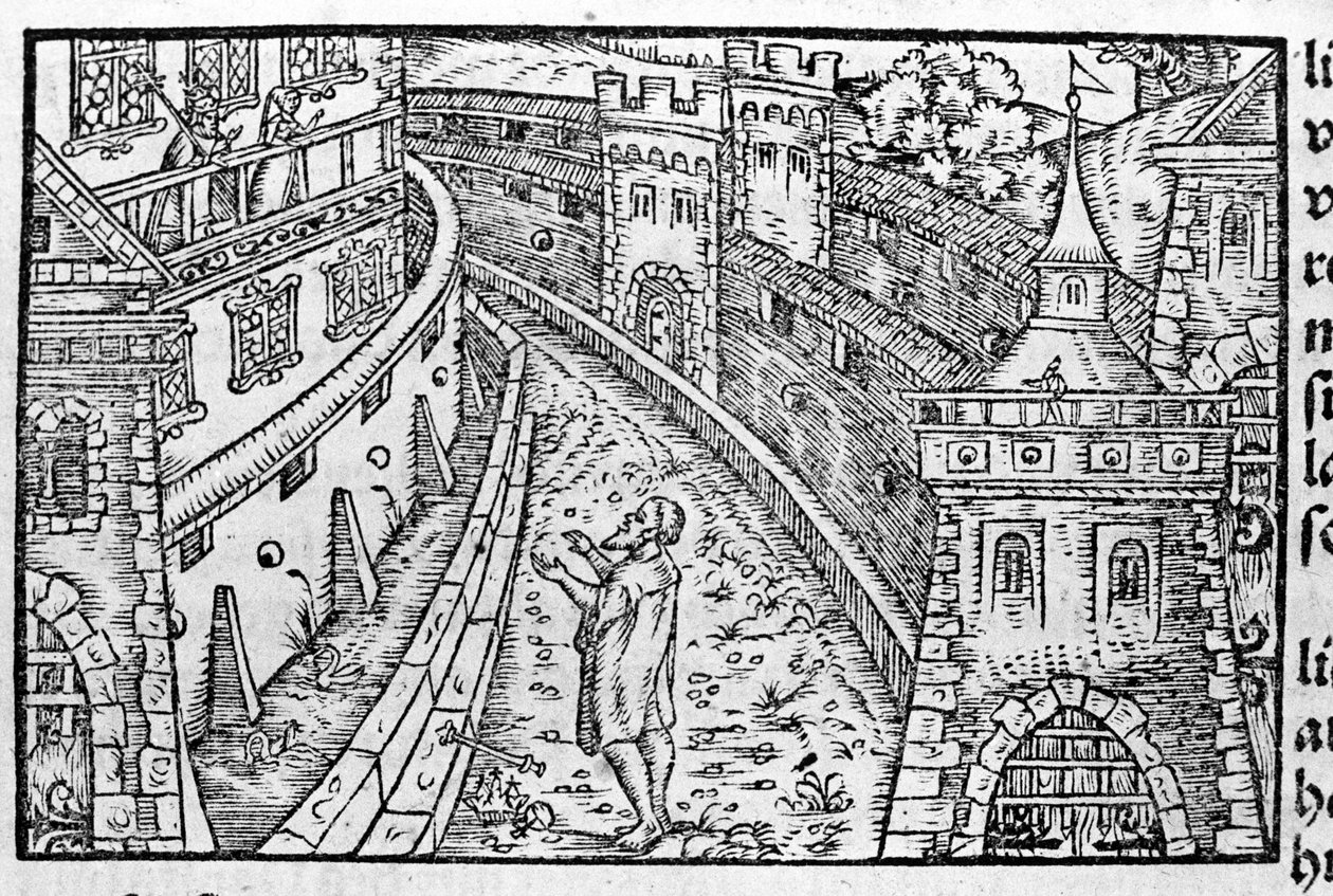Cesarz germański Henryk IV (1050 - 1106) w Canossie. W lewym górnym rogu znajdują się hrabina Matylda z Canossy (lub hrabina Matylda z Toskanii) (1046 - 1115) i papież Grzegorz VII (1015/20 - 1085), który schronił się w zamku. Według Johanna Stum autorstwa Unknown artist