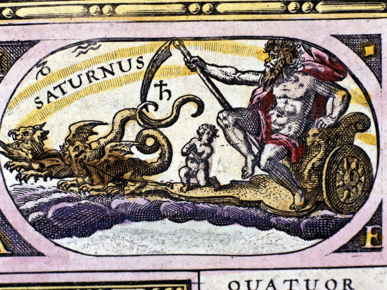 Bóg Saturn (Cronos) na czołgu zaciągniętym przez dwa smoki. autorstwa Unknown artist