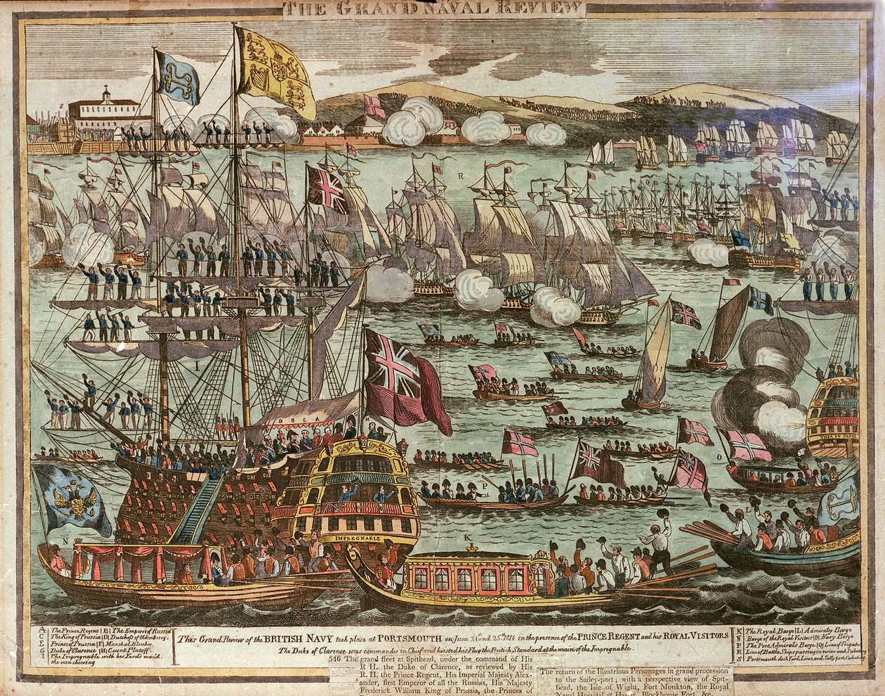 Wielki Przegląd Marynarki Wojennej. Ten Wielki Przegląd Brytyjskiej Marynarki Wojennej odbył się w Portsmouth 24 i 25 czerwca 1814 roku w obecności Księcia Regenta i jego Królewskich Gości, ok. 1814 (kolorowana akwaforta) autorstwa Unknown artist