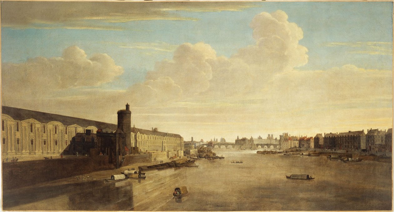 Grande Galerie du Louvre z Porte Neuve, Pont-Neuf, Cité, Tour de Nesle i Quai Malaquais, ok. 1640 r., dzisiejsze 1. i 6. dzielnica, między 1635 a 1645 r. (olej na płótnie) autorstwa Unknown artist