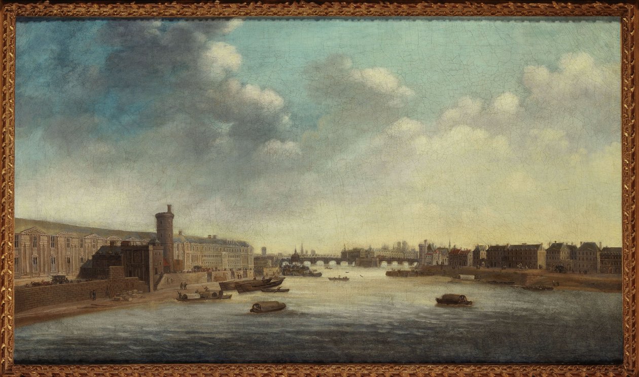 Grande Galerie du Louvre z Porte Neuve, Pont-Neuf, Cité, Tour de Nesle i Quai Malaquais, ok. 1640, między 1635 a 1645 (olej na płótnie) autorstwa Unknown artist