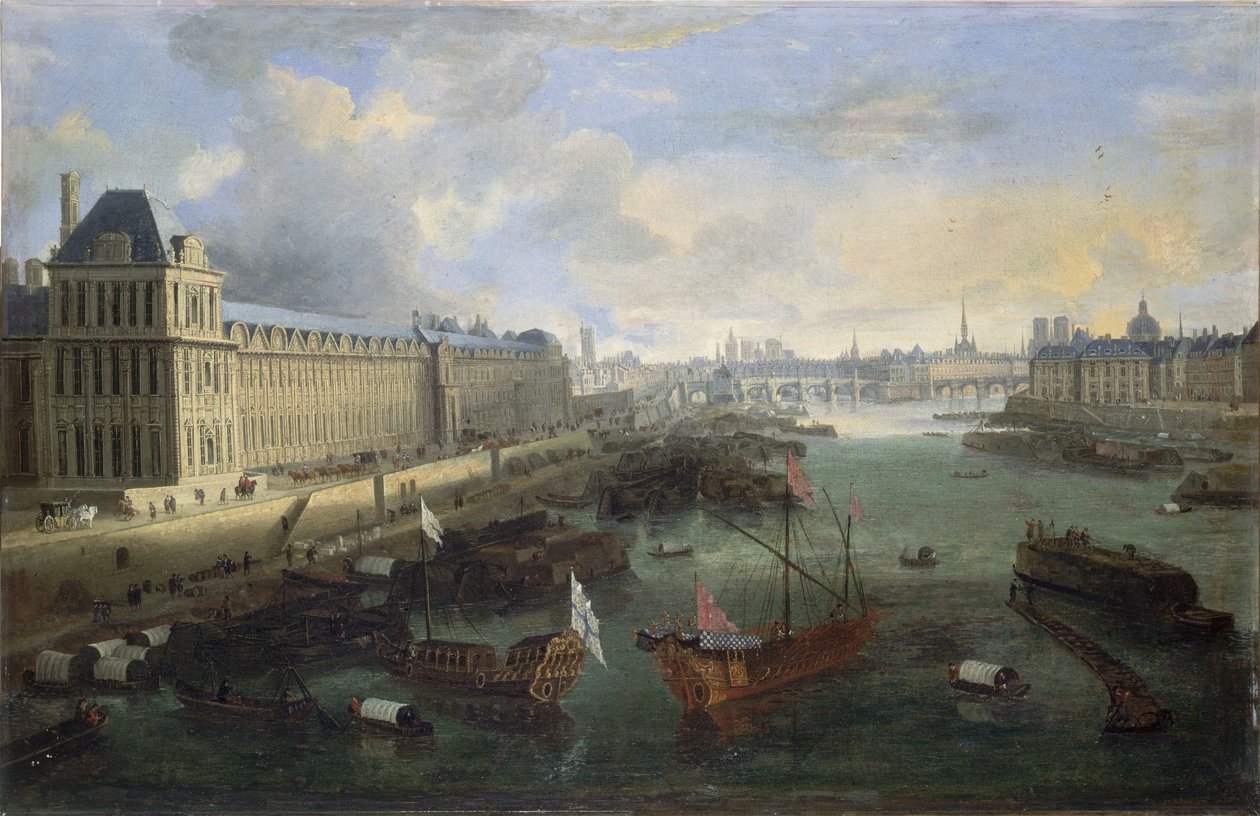 Grande Galerie Luwru, Pont-Neuf, Cité, Collège des Quatres-Nations, ok. 1670 r. Na Sekwanie, królewska galera, między 1670 a 1685 r. (olej na płótnie) autorstwa Unknown artist