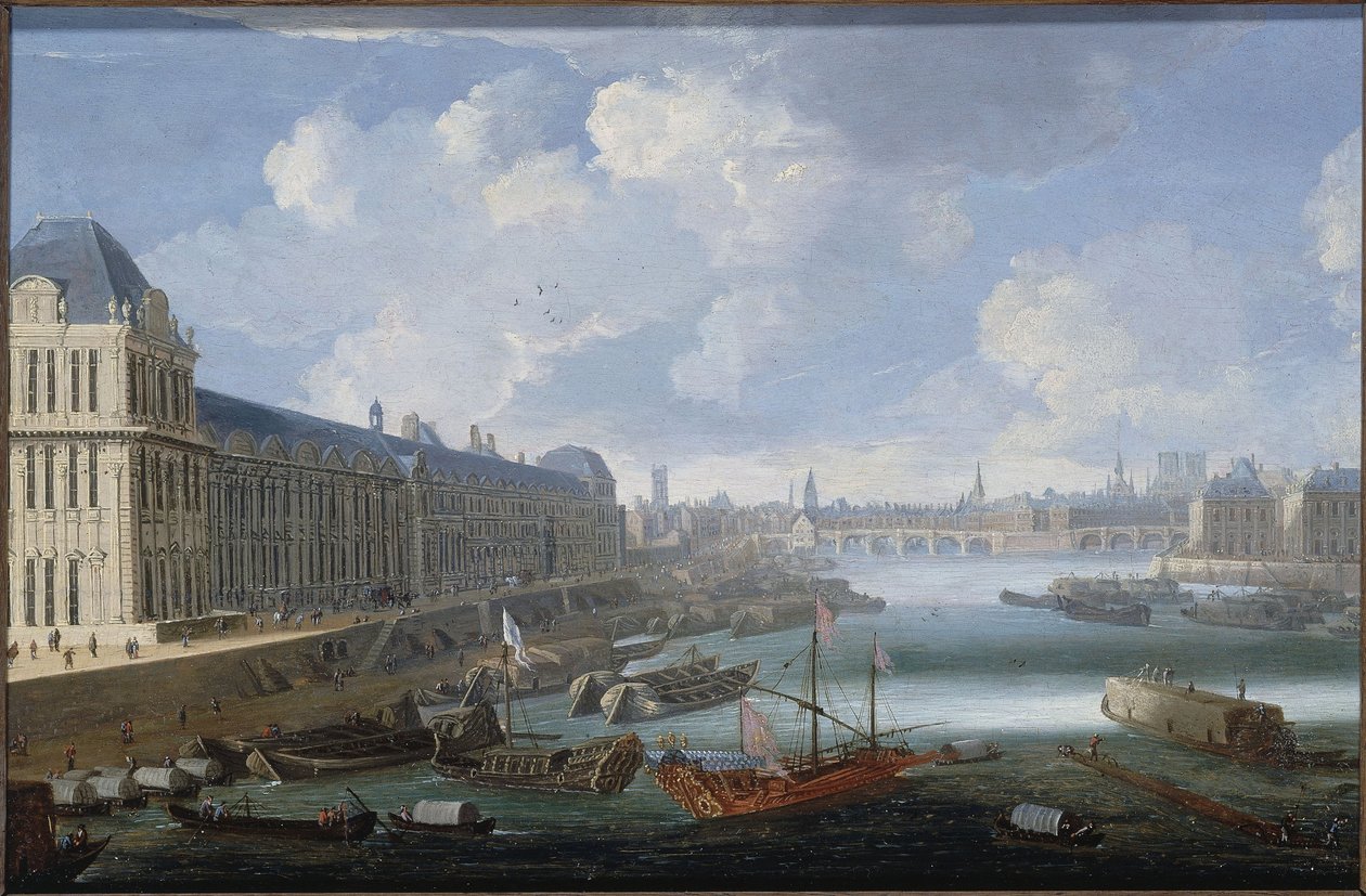 Grande Galerie Luwru, Pont-Neuf, Cité, Collège des Quatres-Nations, ok. 1670 r. Na Sekwanie, królewska galera, między 1670 a 1685 r. (olej na drewnie) autorstwa Unknown artist