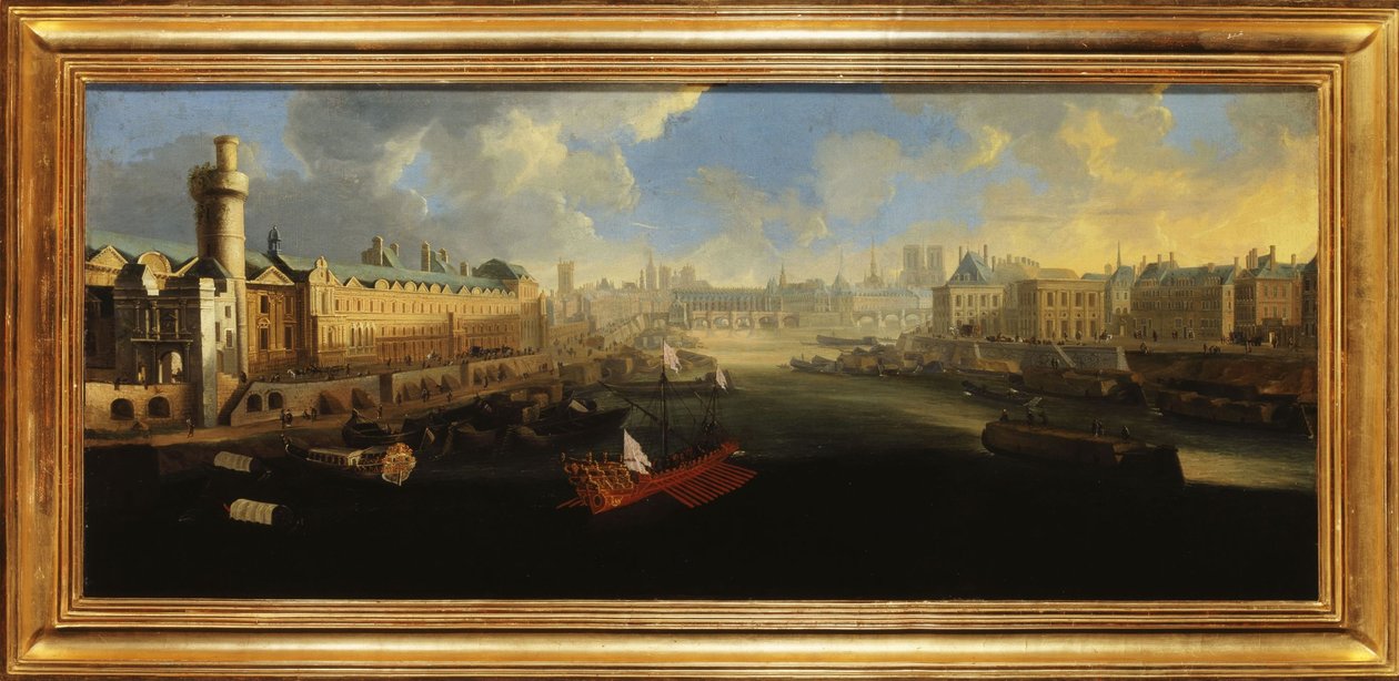 Grande Galerie Luwru z Porte Neuve, Pont-Neuf, Cité, Collège des Quatres-Nations w budowie i Quai Malaquais, ok. 1665 r., między 1665 a 1670 r. (olej na płótnie) autorstwa Unknown artist