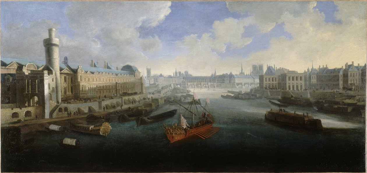 Grande Galerie Luwru z Porte Neuve, Pont-Neuf, Cité, Collège des Quatres-Nations w budowie i Quai Malaquais, około 1665 r. Na Sekwanie, królewska galera, między 1660 a 1670 (olej na płótnie) autorstwa Unknown artist
