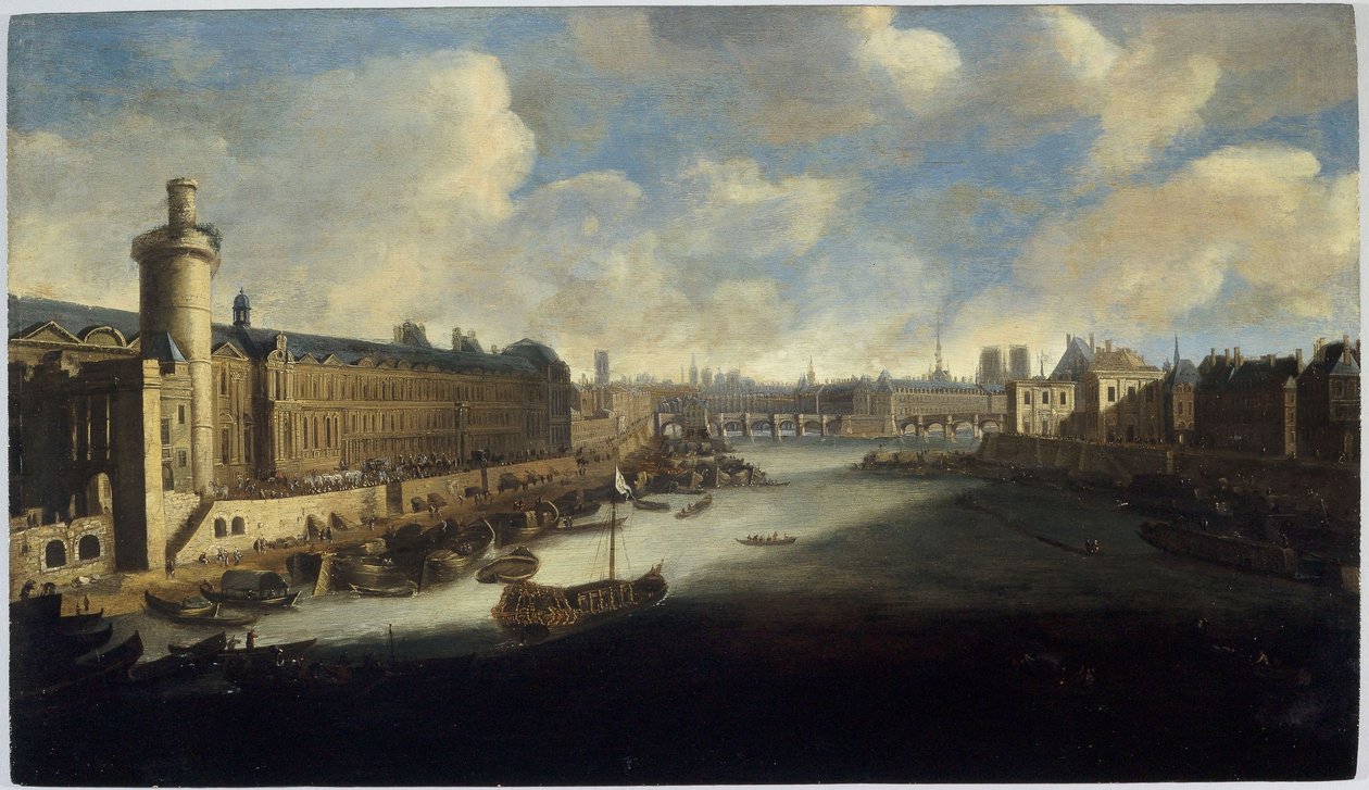 Grande Galerie Luwru z Porte Neuve, Pont-Neuf, Cité, Collège des Quatres-Nations w budowie i Quai Malaquais, ok. 1665 r. Na Sekwanie, królewska galera, między 1660 a 1670 (olej na drewnie) autorstwa Unknown artist