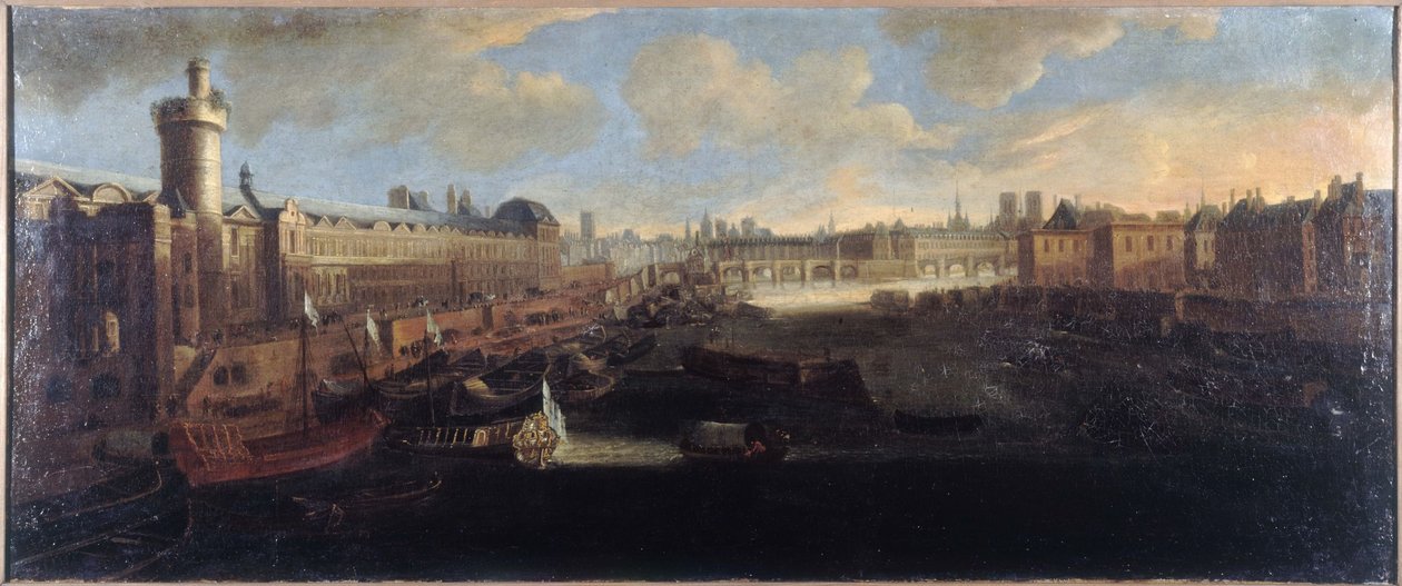 Grande Galerie Luwru, z Porte Neuve, Pont-Neuf, Cité, Collège des Quatres-Nations w budowie i Quai Malaquais, ok. 1665 r., nad Sekwaną królewska galera, dzisiejsze 1. i 6. dzielnica, między 1660 r. a 1660 r. autorstwa Unknown artist
