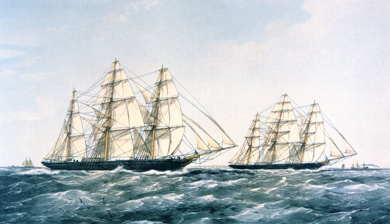 Great Clipper Ship Race w 1866 roku pomiędzy „Ariel” i „Taeping” sprowadzając nowe zbiory herbaty z Chin do Londynu (kolor lito) autorstwa Unknown artist