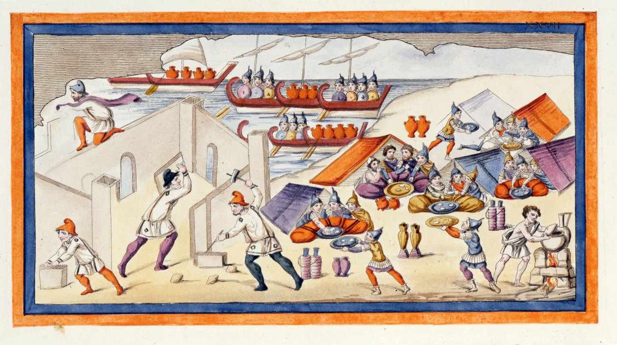 Grecy zaczęli kopać przedmurze, aby chronić swoje baraki i statki. Iliada. Pieśń VII. Rycina z końca XVIII wieku. autorstwa Unknown artist