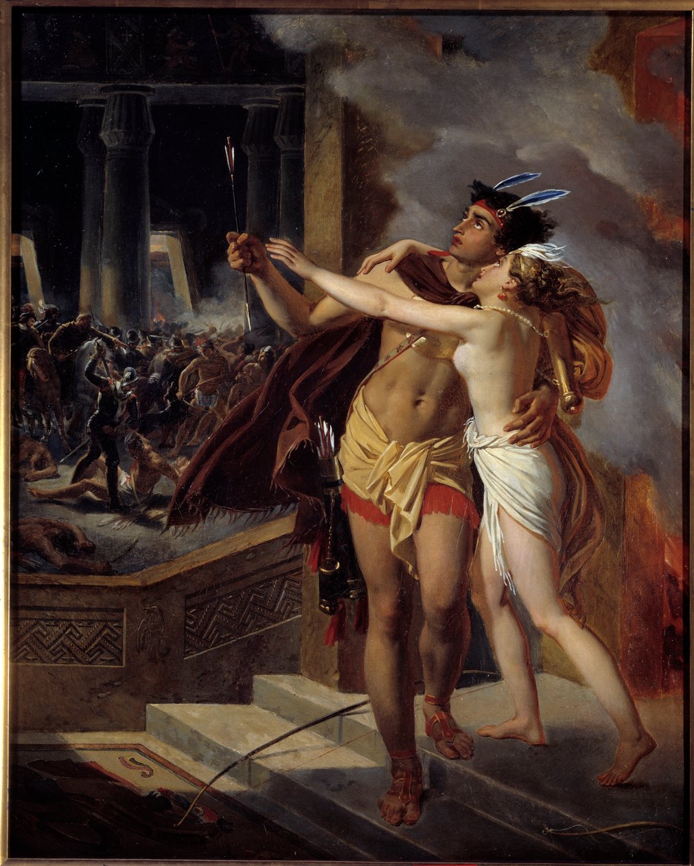 Inkowie lub zniszczenie Imperium Perou Inków zniszczonego w XVI wieku przez hiszpańskich konkwistadorów. Ilustracja do powieści „Inkowie” filozofa Jeana Francois Marmontela. Malowanie anonimowej szkoły. 18 wiek. La Rochel autorstwa Unknown artist