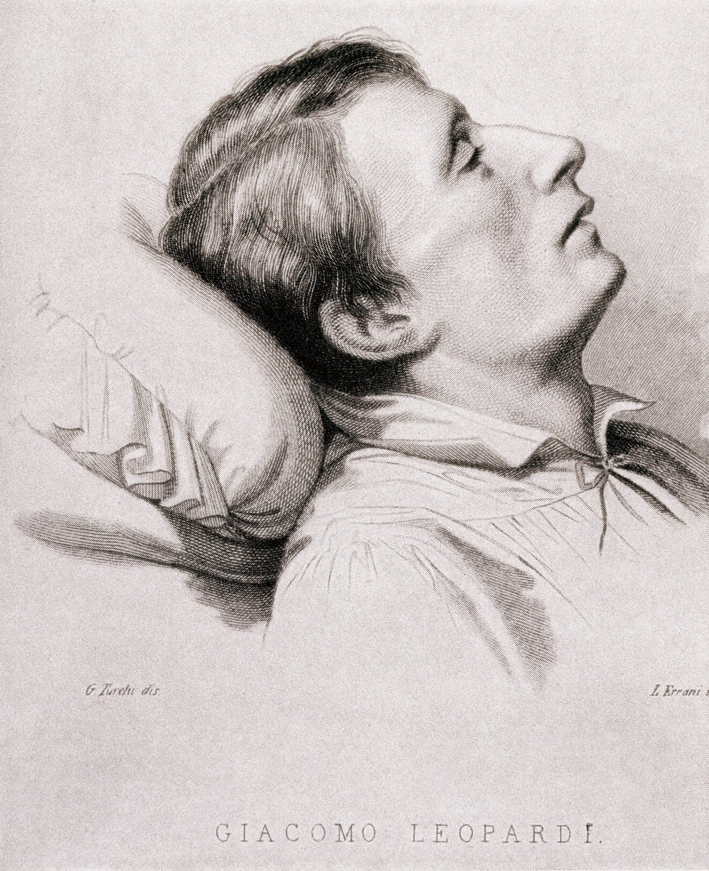 Włoski poeta Giacomo Leopardi (1798-1837) na łożu śmierci. Grawerowanie XIX wieku autorstwa Unknown artist