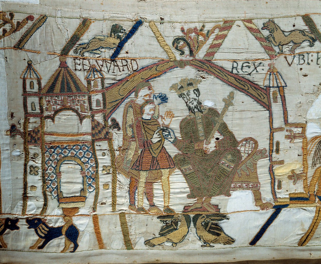 Król Anglii Edward Wyznawca nakazuje Haroldowi udać się i potwierdzić księciu Normandii Wilhelmowi Zdobywcy (1027-1087), że będzie jego następcą na tronie Anglii Fragment gobelinu z Bayeux lub haftu królowej Matyldy autorstwa Unknown artist