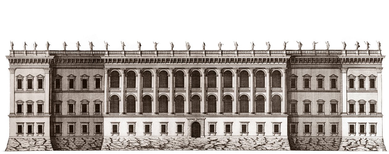 Luwr w Paryżu, projekt Gian Lorenzo Bernini: elewacja głównej fasady zwróconej w stronę Tuileries - Z „”Architecture francoise”” autorstwa Jacques-Francois Blondel - Elewacja głównej fasady cote jardin de Tuileries - projekt: Bernin - rycina Je autorstwa Unknown artist