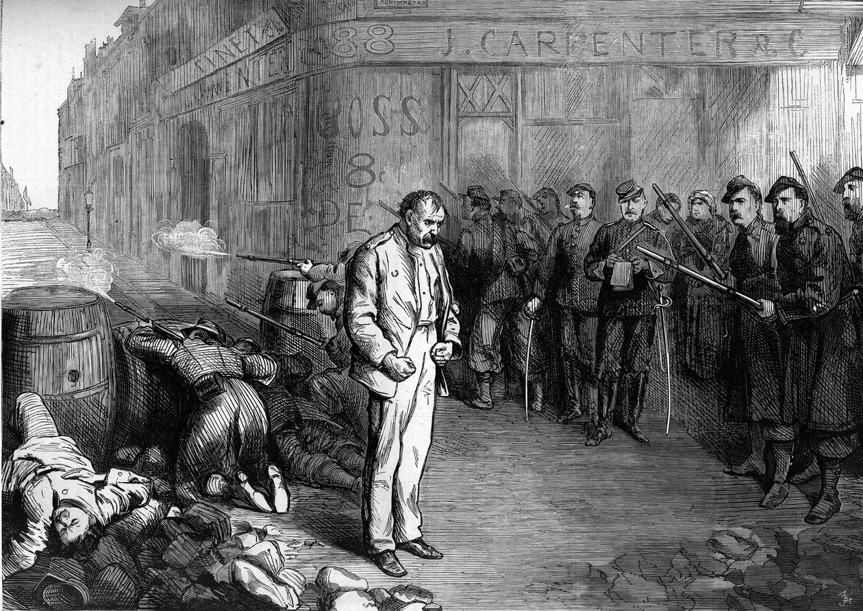 Komuna Paryska w 1871 roku. Federacja (komunarda) wzięta do niewoli na rogu ulic Montmartre i Aboukir zostaje wystawiona na pożar barykady wzniesionej przez federacje. Jego towarzysze opuścili barykadę, zdołał uciec, ale szybko się pomylił autorstwa Unknown artist