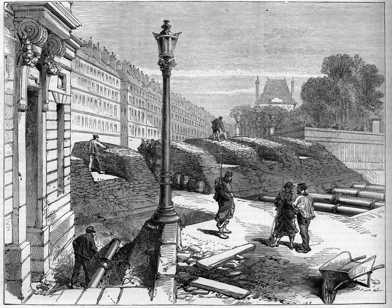 Komuna Paryska w 1871 roku. Barricade des federes (komunardów) na rogu Rue de Rivoli i Place de la Concorde. autorstwa Unknown artist