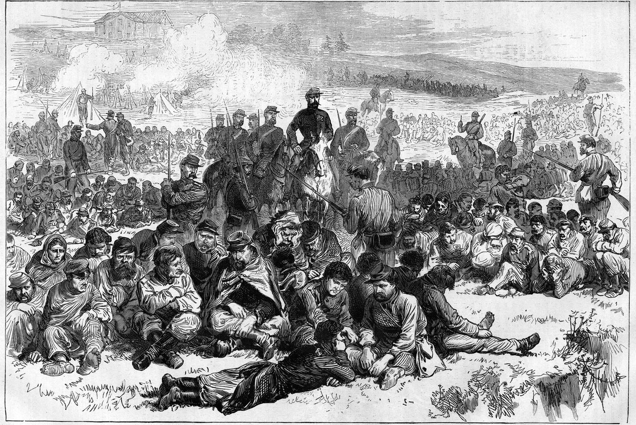 Komuna Paryska w 1871 roku. Komunardy z Belleville wzięte do niewoli i strzeżone przez oddział sił pokojowych w Parc des Buttes Chaumont. autorstwa Unknown artist