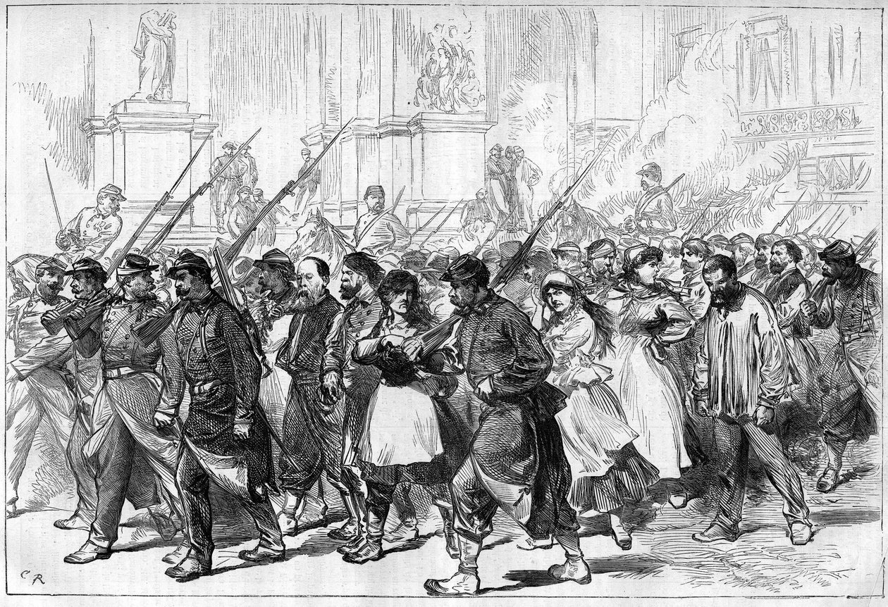Komuna Paryska w 1871 r. Konwój Federes (komunardów) wzięty do niewoli, przechodzący przez Place de l