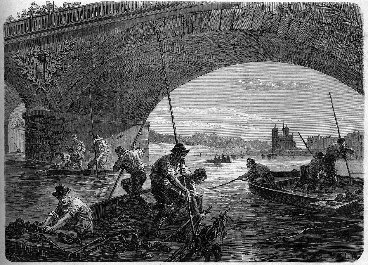 Komuna Paryska w 1871 r. Łowienie broni wrzuconej do Sekwany pod mostem Austerlitz przez Federów (komunardów) w czasie ostatniej debaty gminy. autorstwa Unknown artist