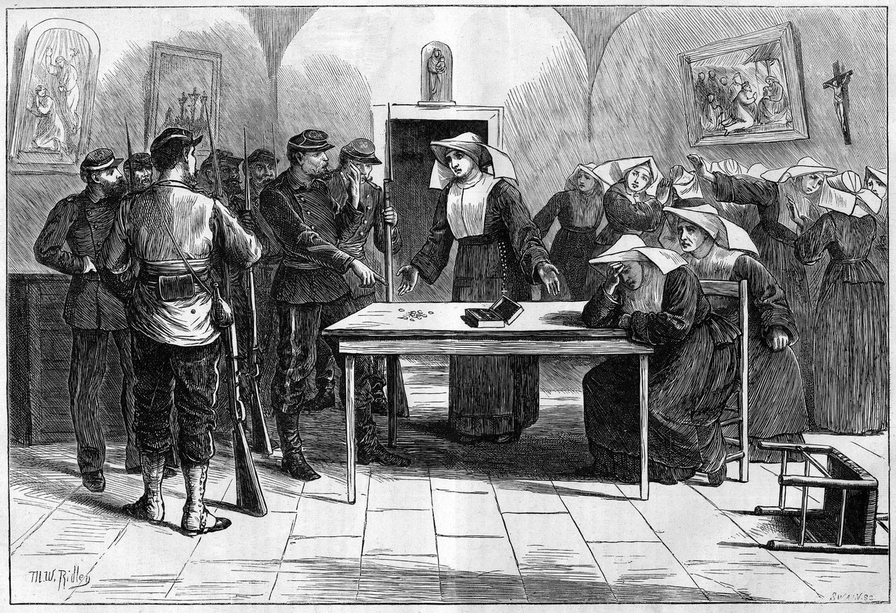 Komuna Paryska w 1871 r. Przeszukanie przez federes (komunardy) domu przy Rue de Sevres zajmowanego przez zakonnice (Małe Siostry Ubogich). Federacja, po odkryciu pieniędzy od wspólnoty sióstr, odkłada je z powrotem do pudełka i wraca autorstwa Unknown artist