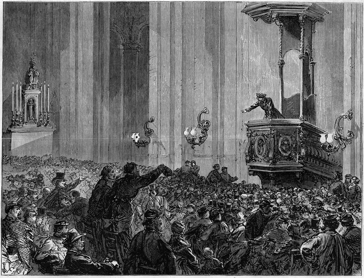 Komuna Paryska w 1871 r. Klub przykościelny św. Eustatiusa. Federacje poprosiły kościoły o zorganizowanie spotkań i debat wieczorem. Kluby te miały potrójny cel: edukację, informację i ekspresję. autorstwa Unknown artist