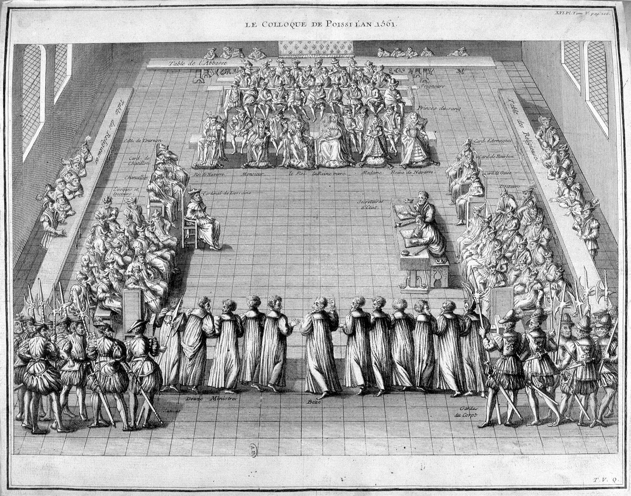 Kolokwium w Poissi (Poissy) w 1561 r. W centrum król Francji Karol IX (1550-1574) i królowa Matka Katarzyna Medycejska (Caterina de Medici) (1519-1589). autorstwa Unknown artist