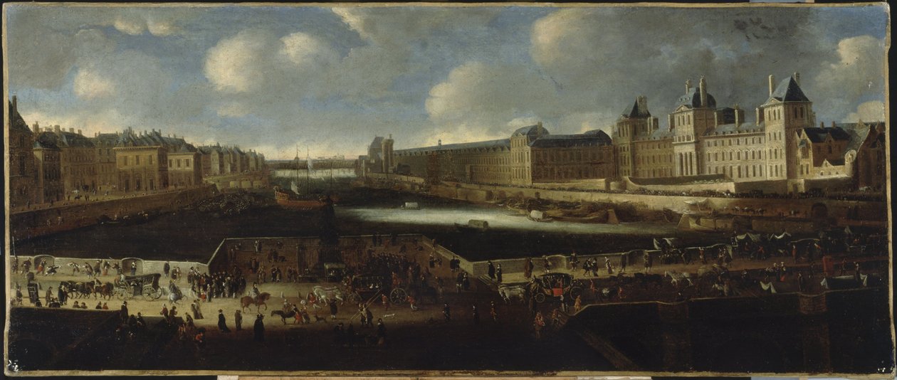 Pont-Neuf, widziany od strony wejścia na Place Dauphine, Quai Malaquais z Collège des Quatre-Nations w budowie, Grande Galerie i Luwr, ok. 1665 r., między 1660 a 1670 r. (olej na płótnie) autorstwa Unknown artist