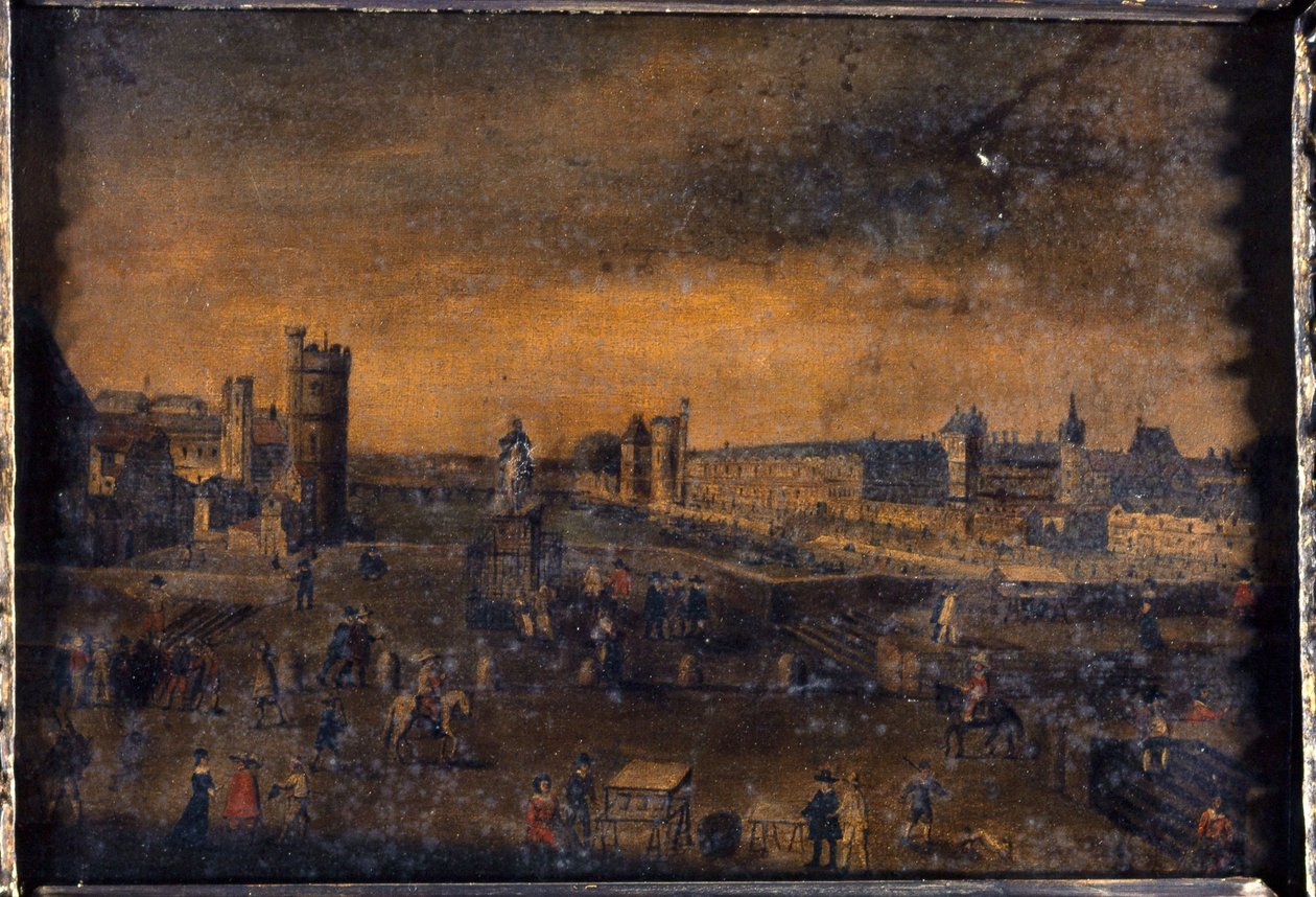 Pont-Neuf widziany z wejścia na Place Dauphine, Hôtel de Nevers, Tour de Nesle, Grande Galerie z Porte Neuve i Luwr, ok. 1640 r., dzisiejsze 1. i 6. dzielnica, między 1635 a 1645 r. (olej na płótnie) autorstwa Unknown artist