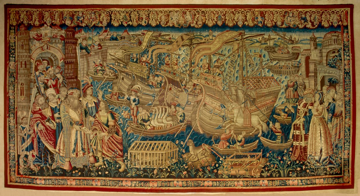 Portugalski nawigator Vasco de Gama (1459-1524) przybył do Kalikatu (Kozhikode) w Indiach w 1498 roku. Gobelin. Lizbona autorstwa Unknown artist